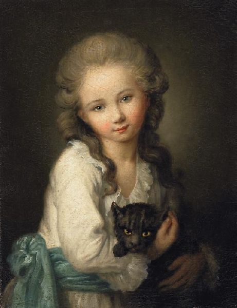 Attributed to Jean-Baptiste Perroneau (French, 1715-1783) - Portrait of a young girl holding a black cat in her arms