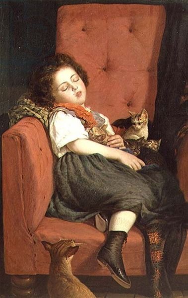 Auguste L'Orange (1833-1875) - Girl sleeping with Kittens (19th century)