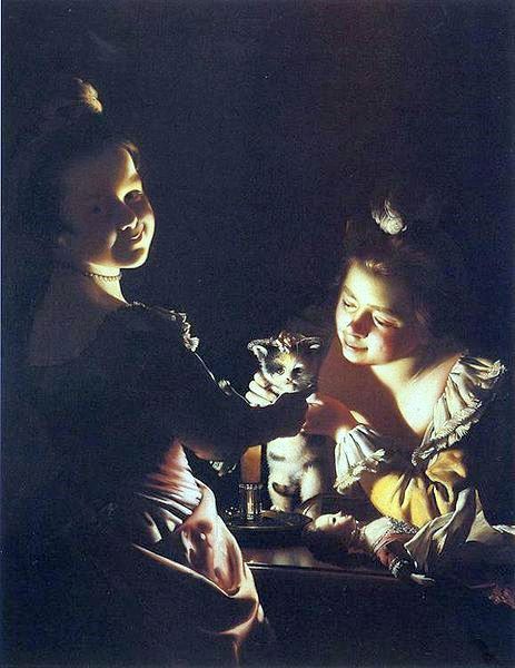Two girls dressing a kitten by candlelight by Joseph Wright of Derby (1734 – 1797, English)